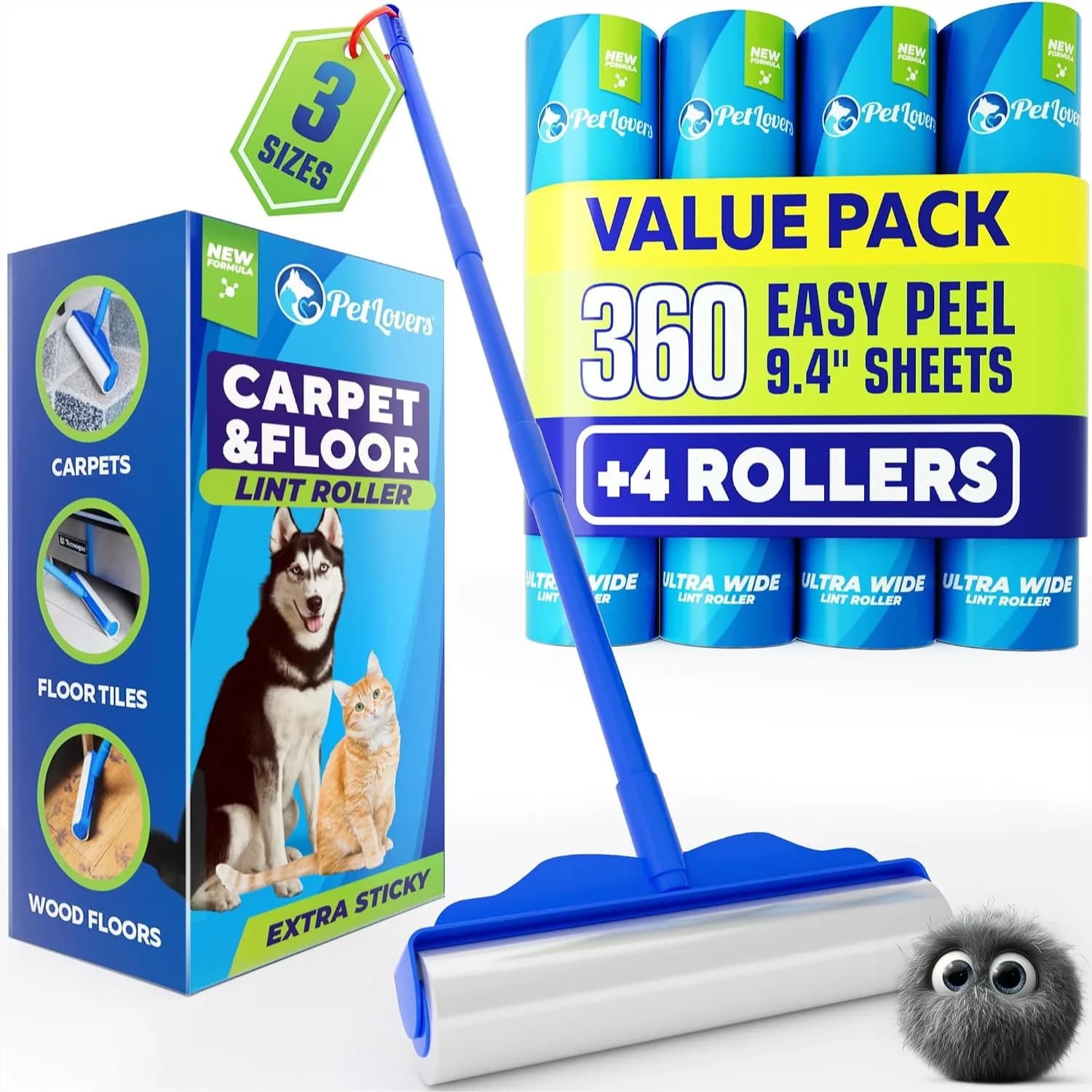 Extra Large Lint Roller with 360 Sheets for Pet Hair on Floors, Carpets, and Furniture