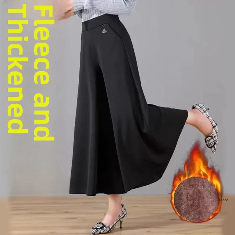 Pantaloni a vita alta in pile felpato a gamba larga, taglie forti, casual e alla moda, autunno inverno, pantaloni da mamma taglie forti che nascondono le imperfezioni