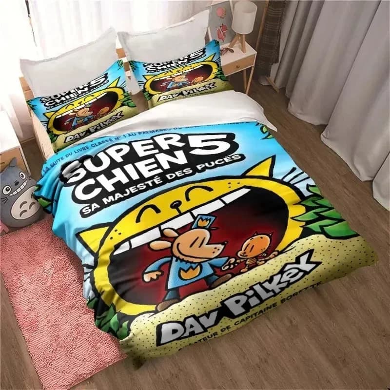 Set Letto con Stampa Cartone Animato DOG MAN, Copripiumino e Federe, Set Biancheria da Letto, Lenzuola, Copripiumino, Misure Full Queen King