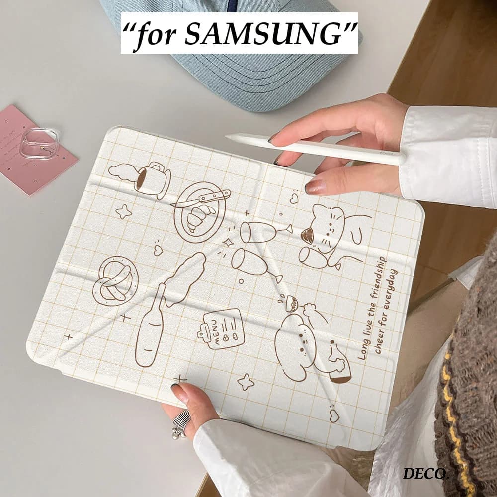 Ins Line Drawing Cat Wine Glass3+Y-fold Tablet Case For Samsung Galaxy Tab A8/A9/A11+FE LITE PLUS/Tab S6 Lite/S7/S8/S9/S10+ FE