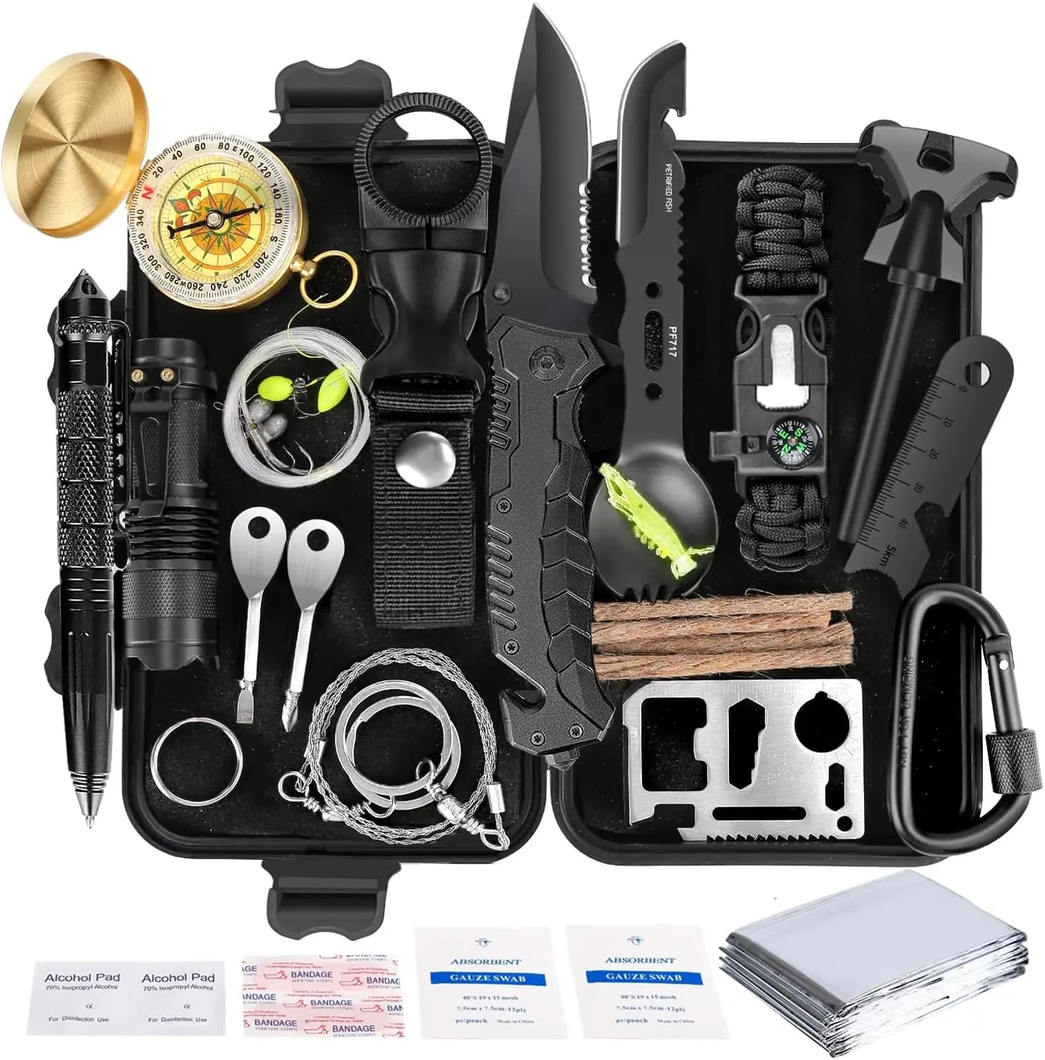 Kit di sopravvivenza 35-in-1 con attrezzatura di primo soccorso, regalo perfetto per uomini - Essenziali per campeggio, escursionismo, caccia e pesca