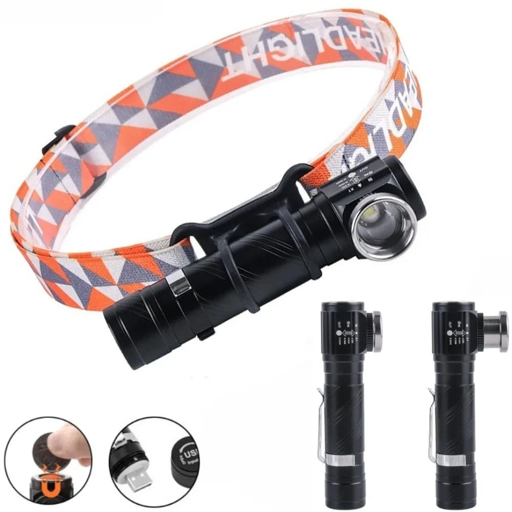 LED Super Bright 90 ° Front Lamp Rechargeable in Aluminium Alloy with Zoom and Magnetic Clip for Camping