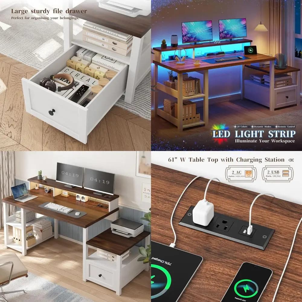 Gaming Desk Lighted LED with Drawer, Current and Support Monitor - White, Ideal for Home Office, Bedroom or Studio