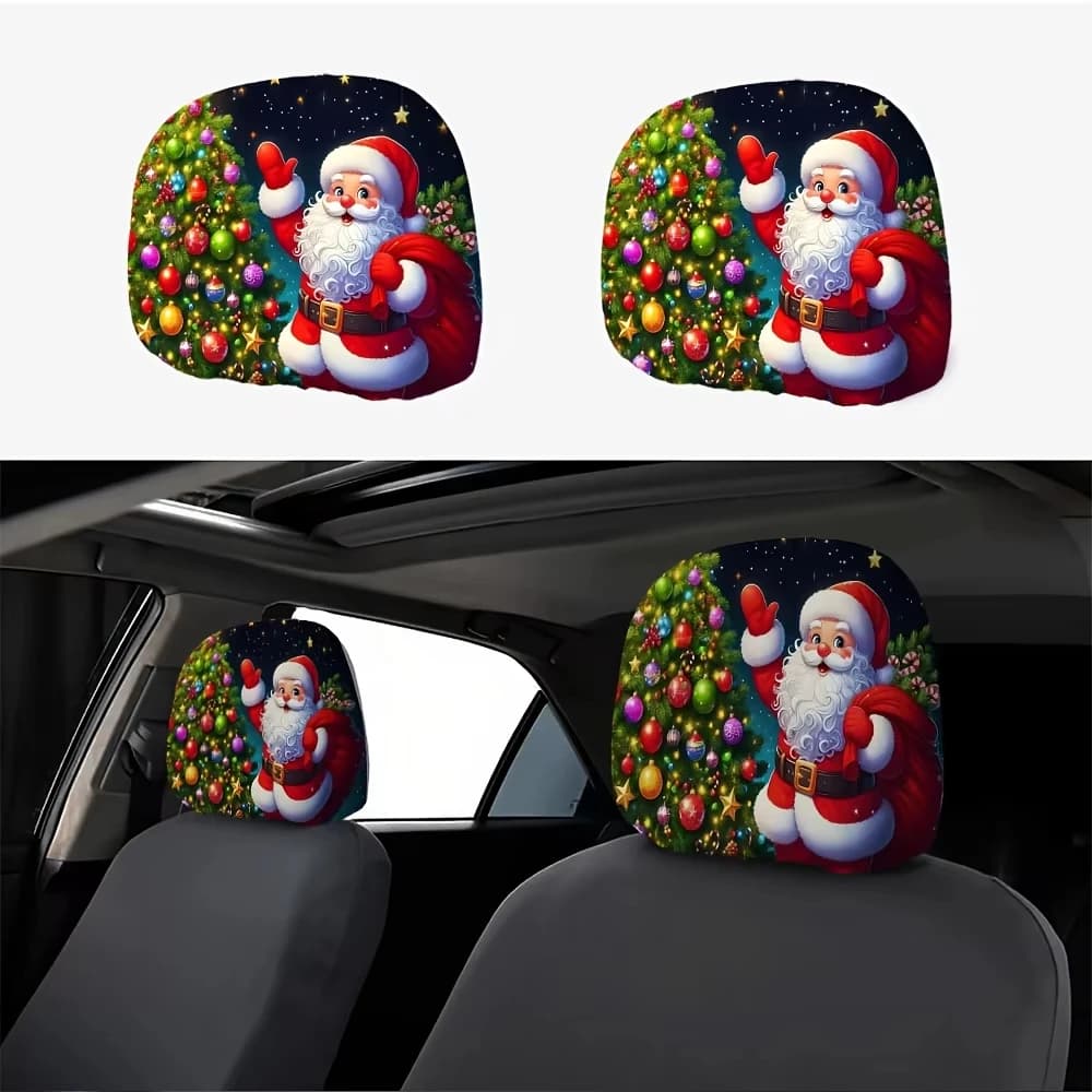 Christmas‑Themed Print Headrest Covers, Soft Stretch Fabric, Easy To Install and Clean, Protect Original Car Headrests