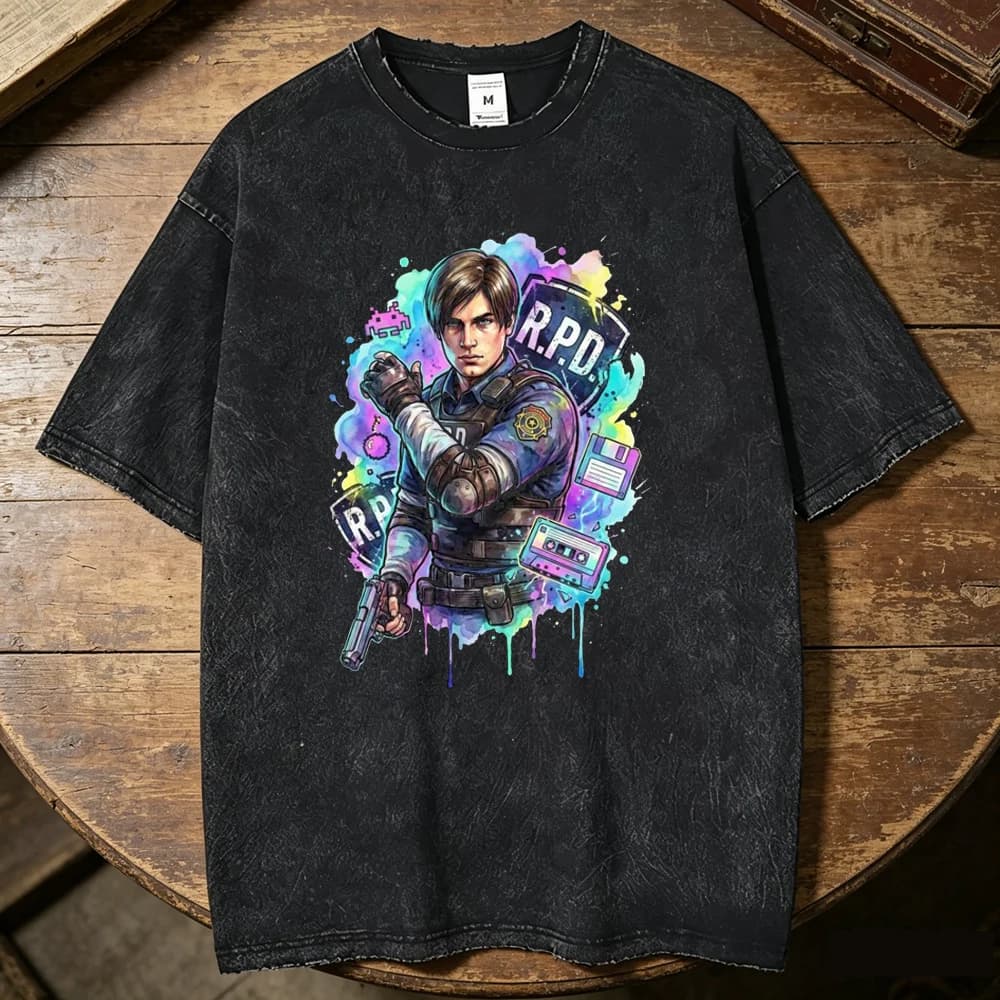 Leon Kennedy Vintage Washed cotton top tees teen Classic Vintage aesthetic Trendy harajuku Pop Culture Comfortable Gothic