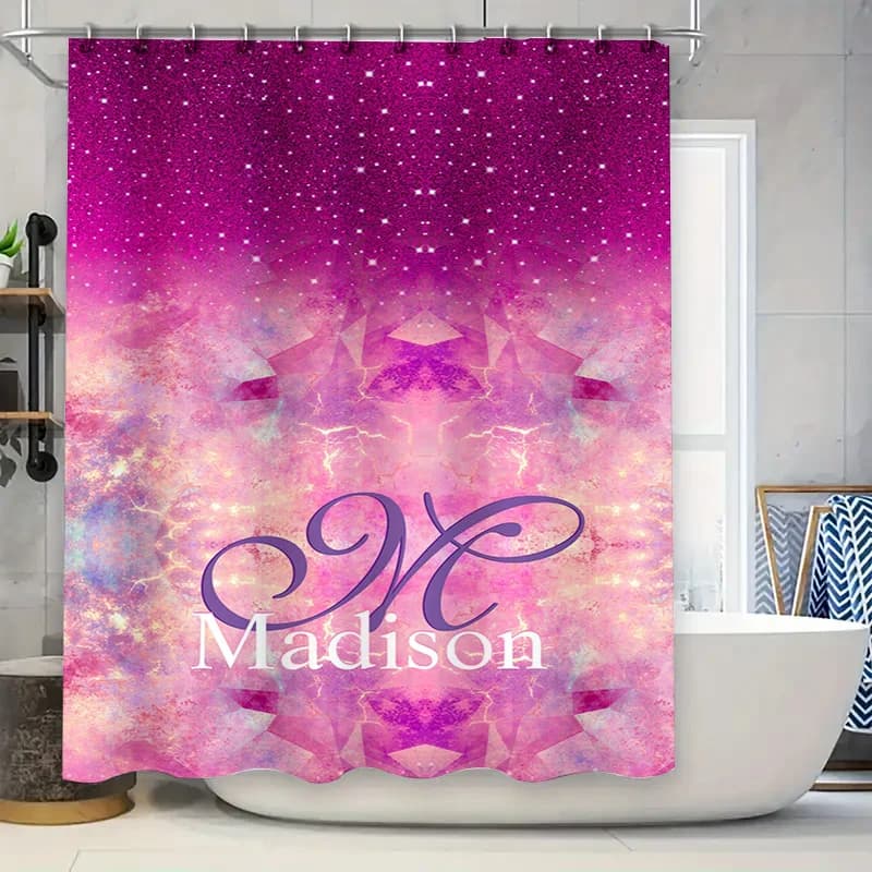 Custom Personalized Shower Curtain Custom Name Purple Galaxy Print Waterproof Bath Rug