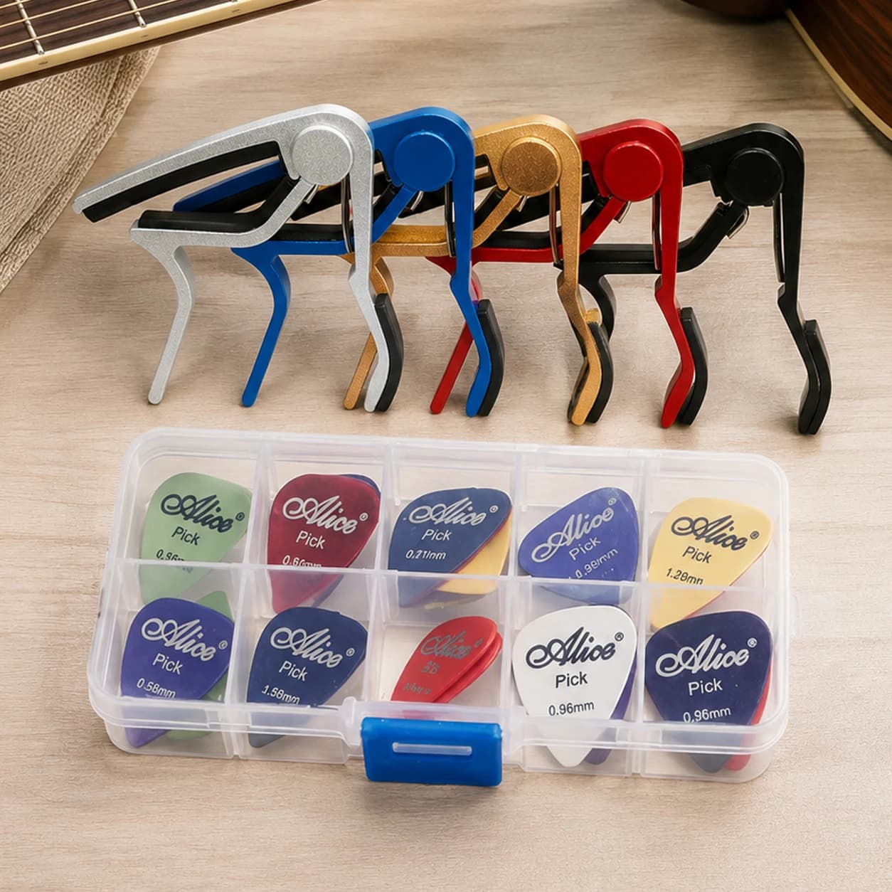 Bulk Guitar Pick & Capo Kits – Trigger Style Metal Capos with Picks and Plastic Case for Music Schools, Instrument Supplies TMZ
