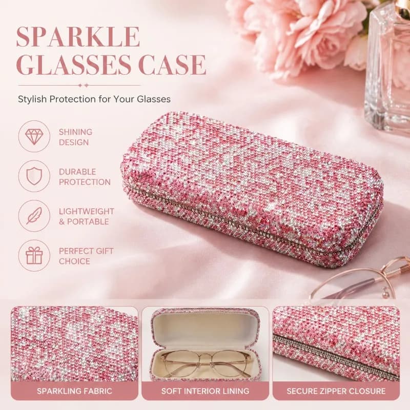 Bling Rhinestone Hard Glasses Case, Sparkling Protective Eyeglass Holder Shiny Eyewear Storage Box for Desk Business Trip Travel