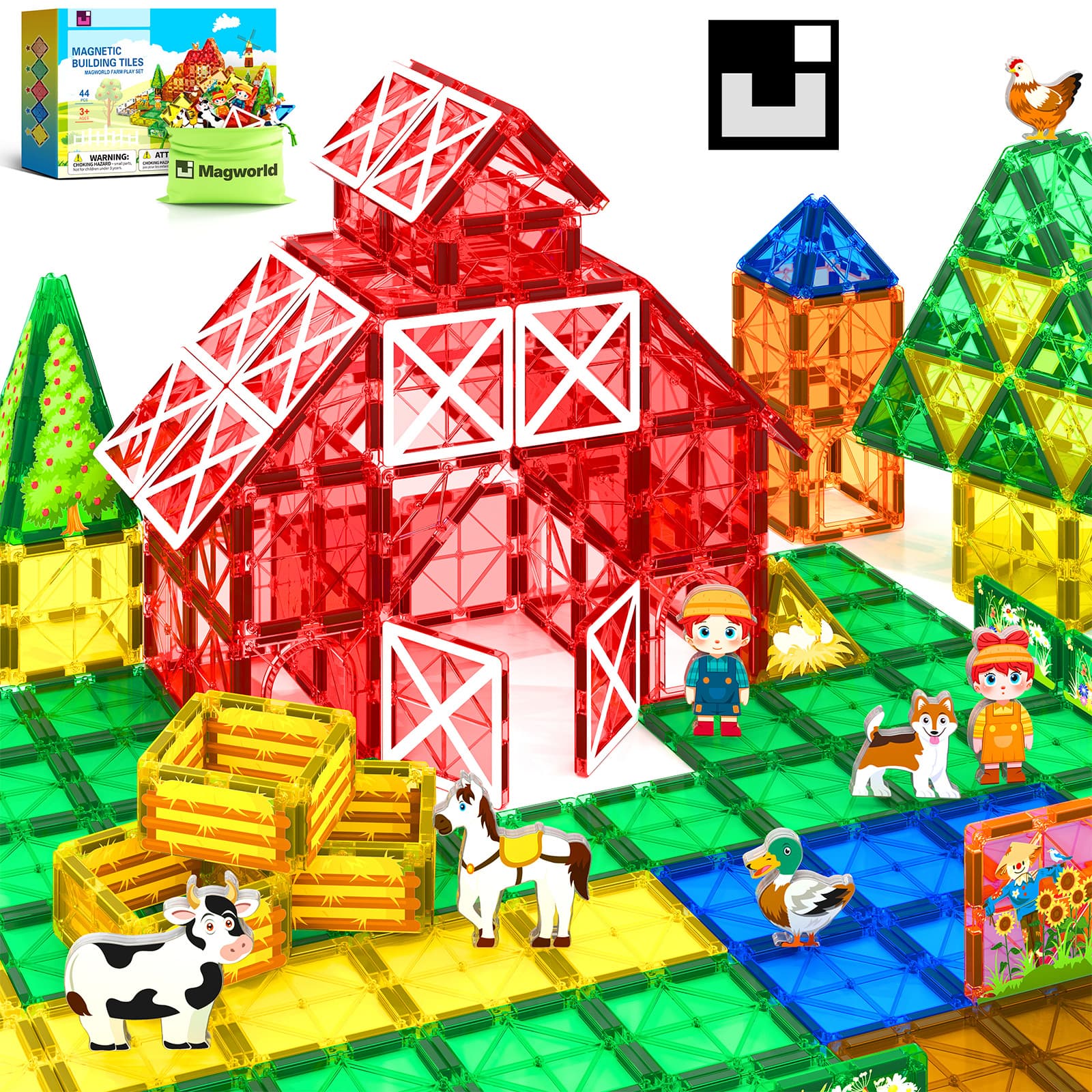 Magworld Magnetic Tiles Farm Animal Set, Magnetic Building Blocks for 3+ Year Old Boys and Girls