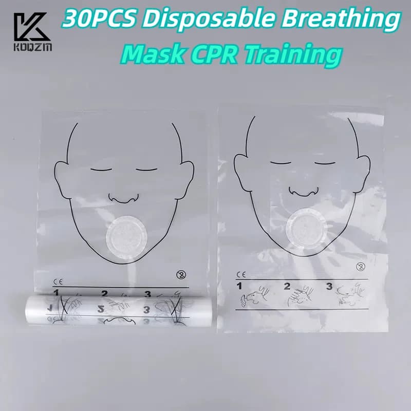 30PCS Maschera respiratoria monouso CPR Training Primo soccorso Maschera rianimatrice CPR Visiera Rotolo Kit di salvataggio Strumento