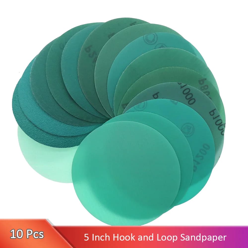 10 Pz 5 Pollici Dischi Abrasivi 125mm 60 a 2000 Grana Hook & Loop Pellicola Verde Carta Vetrata Disco Abrasivo Levigatrice Orbital Pad