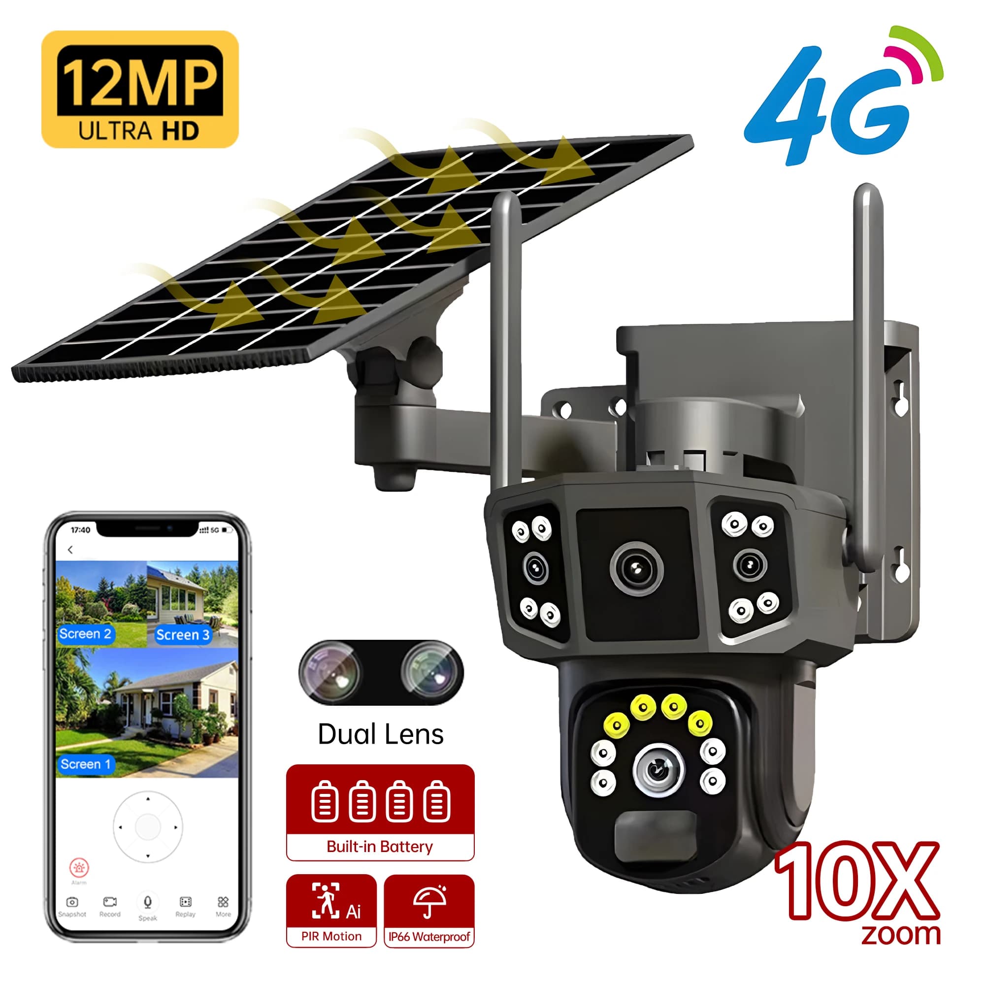 V380 Pro 10X 4K doppia lente telecamera di rete di sicurezza esterna wireless WIFI televisore solare a circuito chiuso, telecamere solari 4G sim