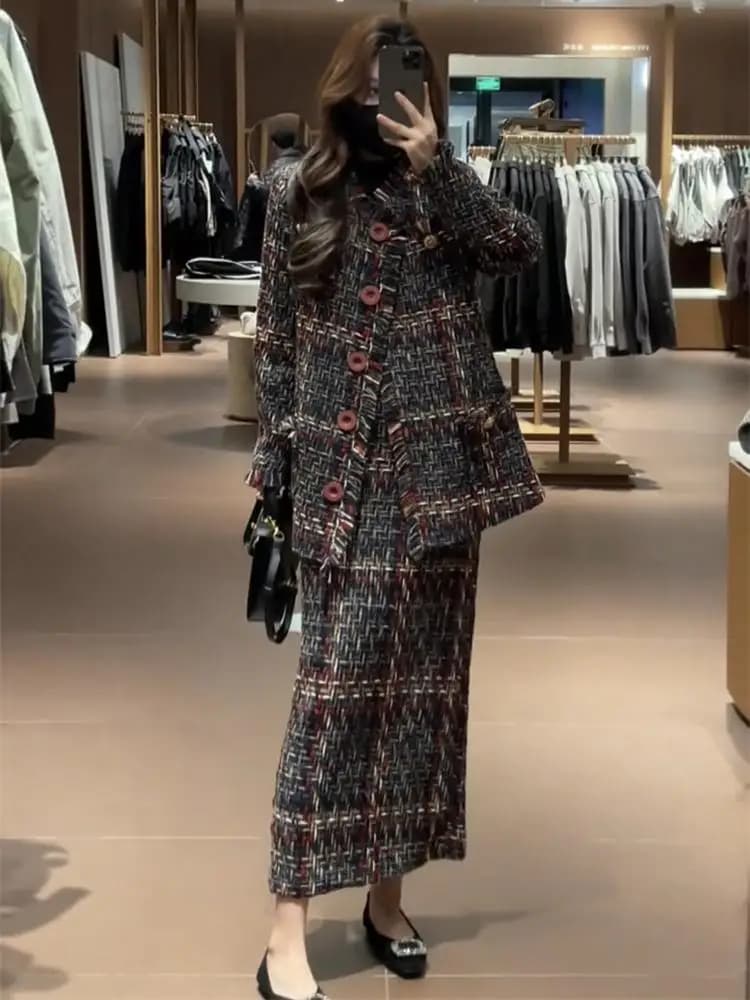 Winter new women fashion high-end temperament coarse weave small fragrance style coat+half skirt elegant two piece set