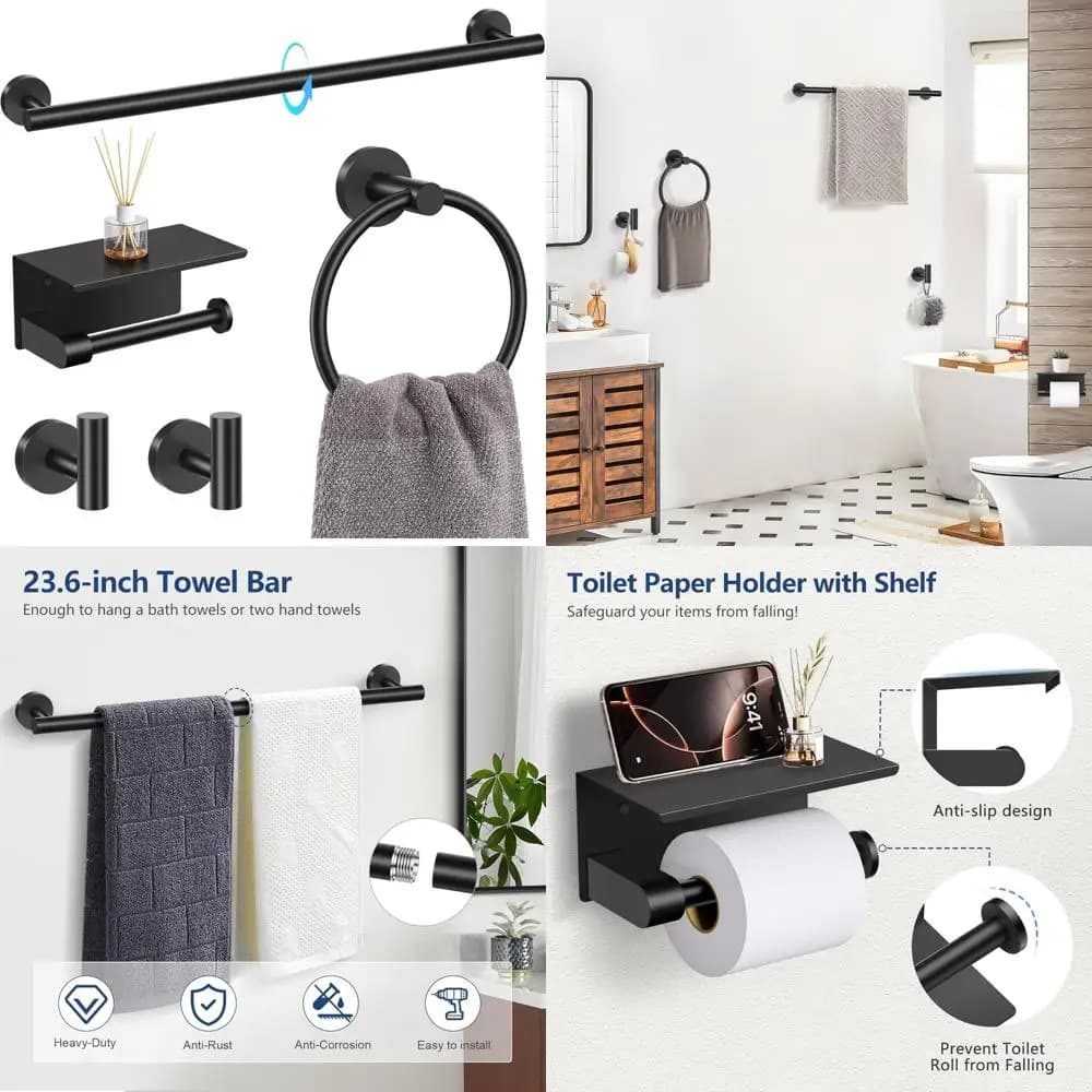Set di accessori da bagno nero opaco da 5 pezzi con porta carta igienica e ripiano in acciaio inossidabile