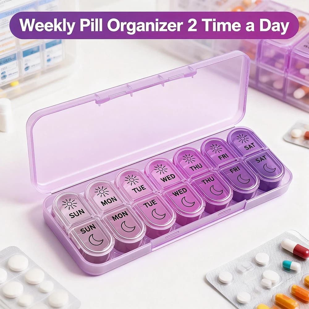 Weekly Organizer of Pills 7 Days, Frosted Purple, 2 Times per Day (AM & PM), for Fish and Vitamin Oils