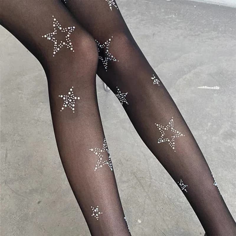 Collant a Rete con Strass a Stella Y2K, Calze Lunghe Sexy da Donna, Collant JK Lolita Kawaii Bling per Ragazze