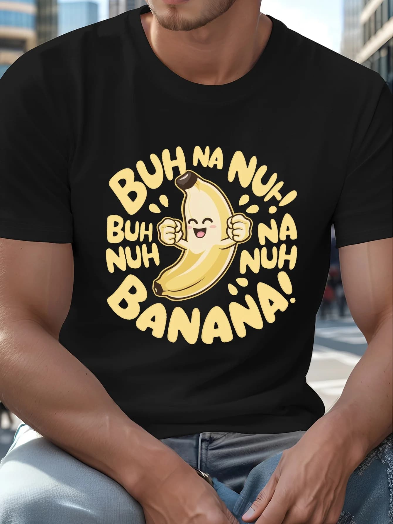 Divertente maglietta con grafica "Buh Nuh Nuh Banana" - T-shirt girocollo oversize in cotone super morbido con banana sorridente