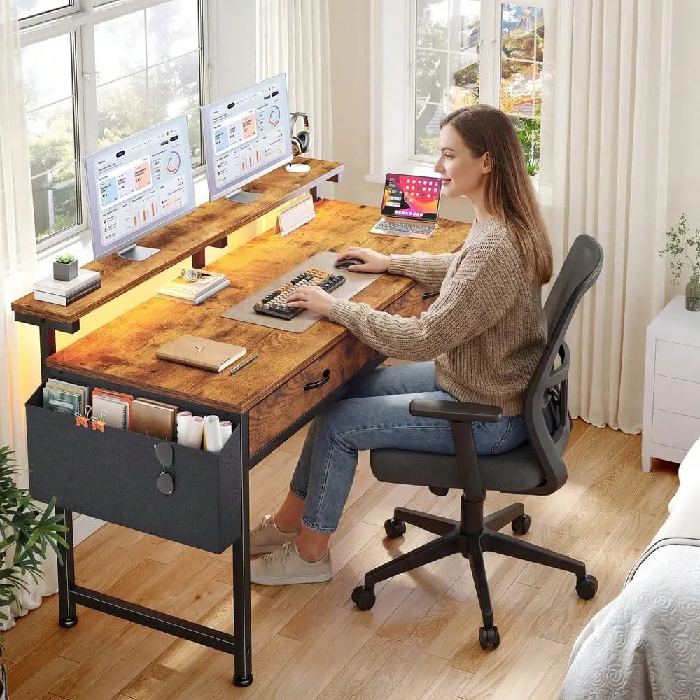 Print Computer Desk With RGB LED Lights, Ergonomic Monitor Stand Storage Drawers