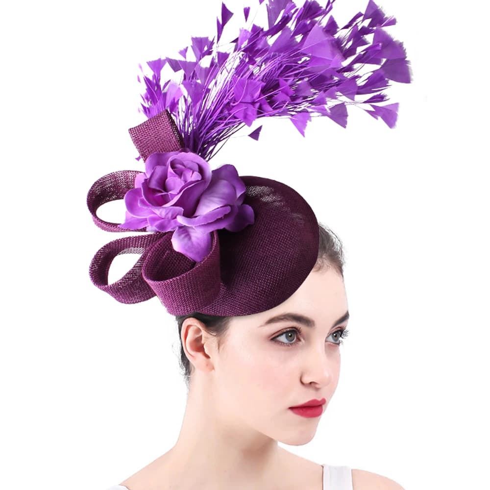 Cappello Fascinator viola per con fiore di rosa Matrimoni eleganti Cappellino portapillole Bellissimo cappello derby da festa di lusso Femme Mariage Chapeau
