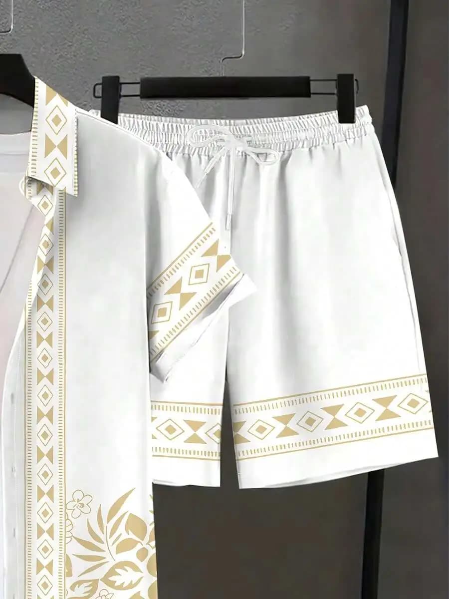Set di camicia con risvolto e pantaloncini da spiaggia da uomo, bianco con motivo geometrico, outfit casual estivo