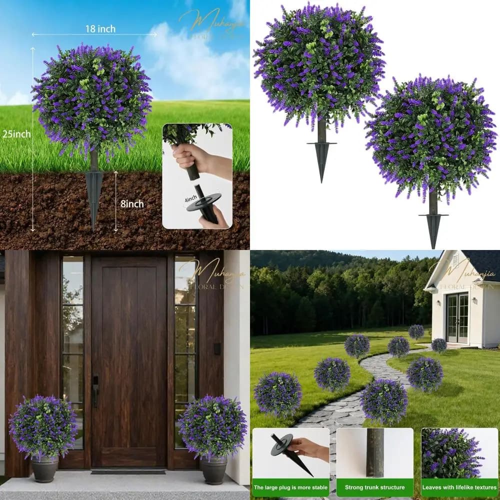 Artificial Lavender Spheres UV Rare Resistant, Set of 2, Artificial Plants Evergreen for Interior and Exterior with Earth Blocks