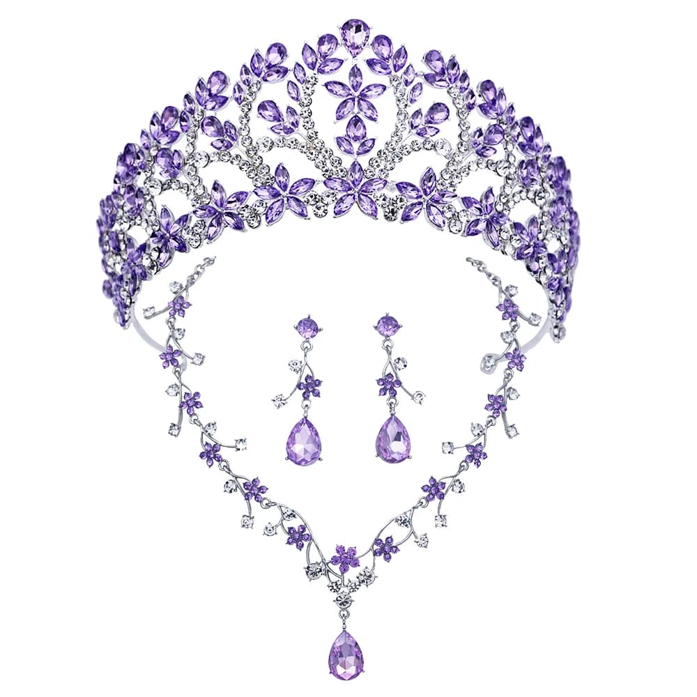 Flower Bridal Jewelry Sets Women Tiaras and Necklace Earrings Purple Crown Jewelry Set for Wedding Birthday Gifts Accessory