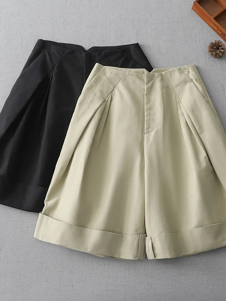 Elegant High Waist A-Line Wide Leg Shorts Women's Summer Cotton Linen Roll-Up Five-Point Pants Korean Style Casual Trousers