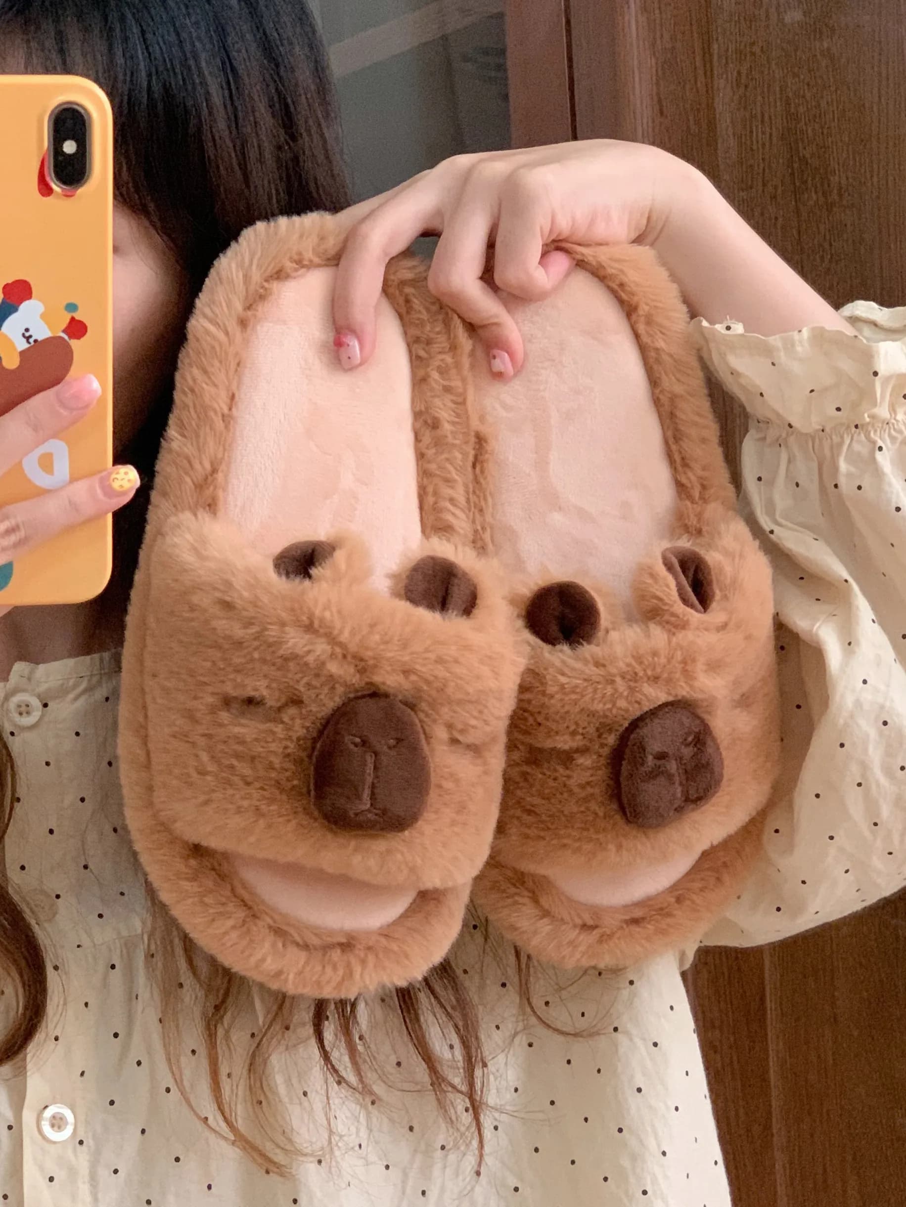 Pantofole da donna in cotone calde e imbottite per casa, autunno inverno, con design a striscia singola e motivo simpatico Capibara
