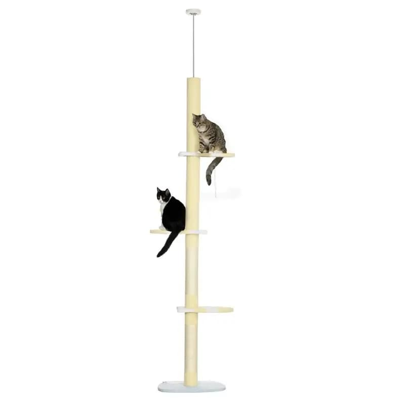 Albero per gatti regolabile a 4 livelli, dal pavimento al soffitto, 87-103 pollici, grucce in peluche, tiragraffi in sisal, palla giocattolo per interni, giallo
