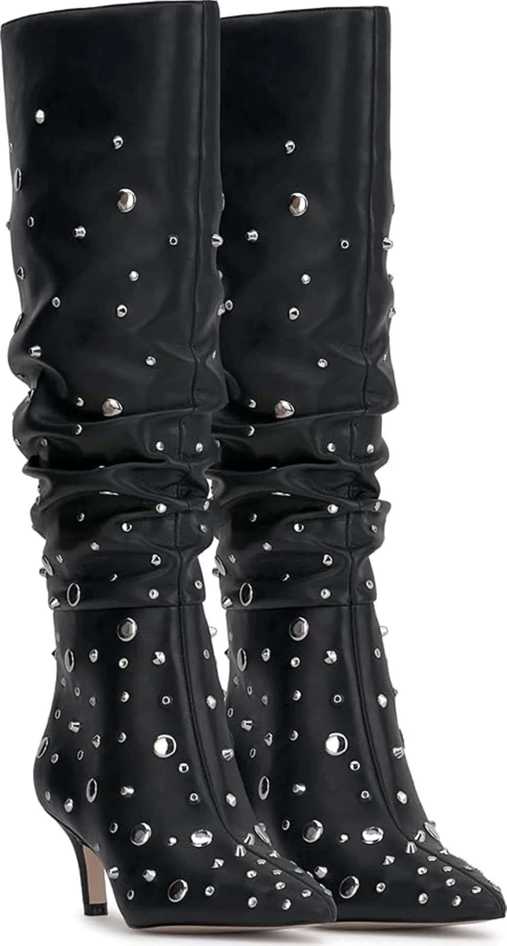 Stivali al ginocchio slouchy neri stile street cool Design con borchie argento Punta a punta Tacco a spillo Design unico increspato Nuovi stivali