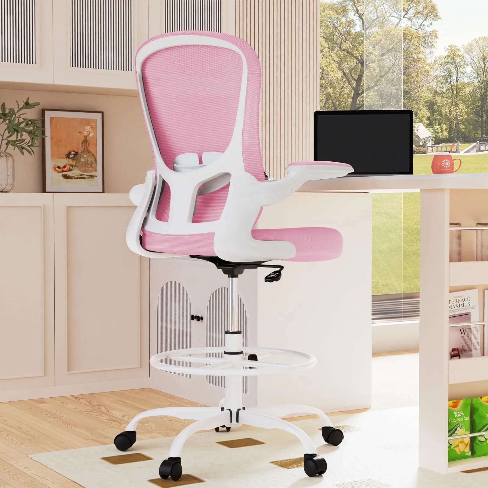 Sedia da Disegno, Sedia da Ufficio Alta con Braccioli Ribaltabili, Ergonomica Direzionale C...
