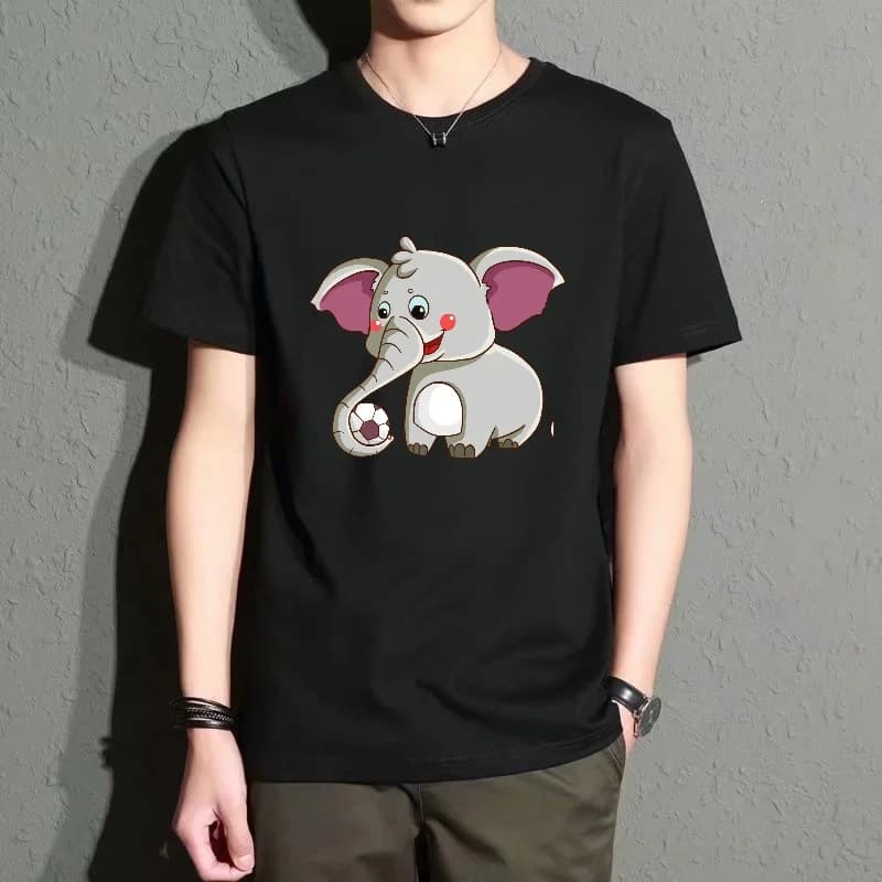 Men's Black Round Neck Short-Sleeved T-Shirt with Cartoon Elephant Print, Casual Top for Everyday Wear, Versatile, Comfortable, Breathable, Loose Fit