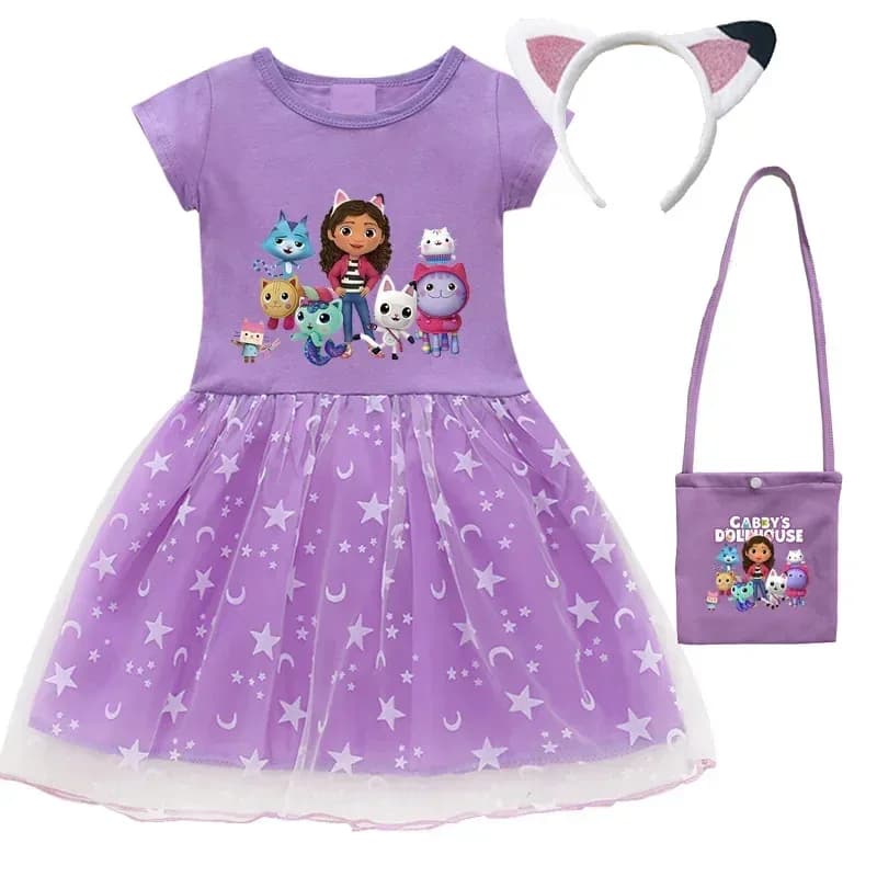 2024 nuova estate cartoon gabby gatti abiti neonate principessa vestito borsa fascia bambini gavby's Dollhouse cosplay costumev;6,a'3.