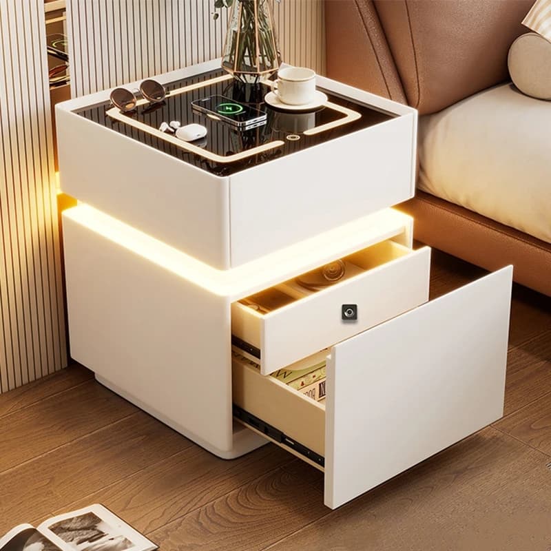 Comodino Minimalista in Legno, Stile Moderno di Lusso, Armadietto Intelligente con Serratura a Impronta Digitale, Mobile Contenitore di Alta Gamma per la Casa