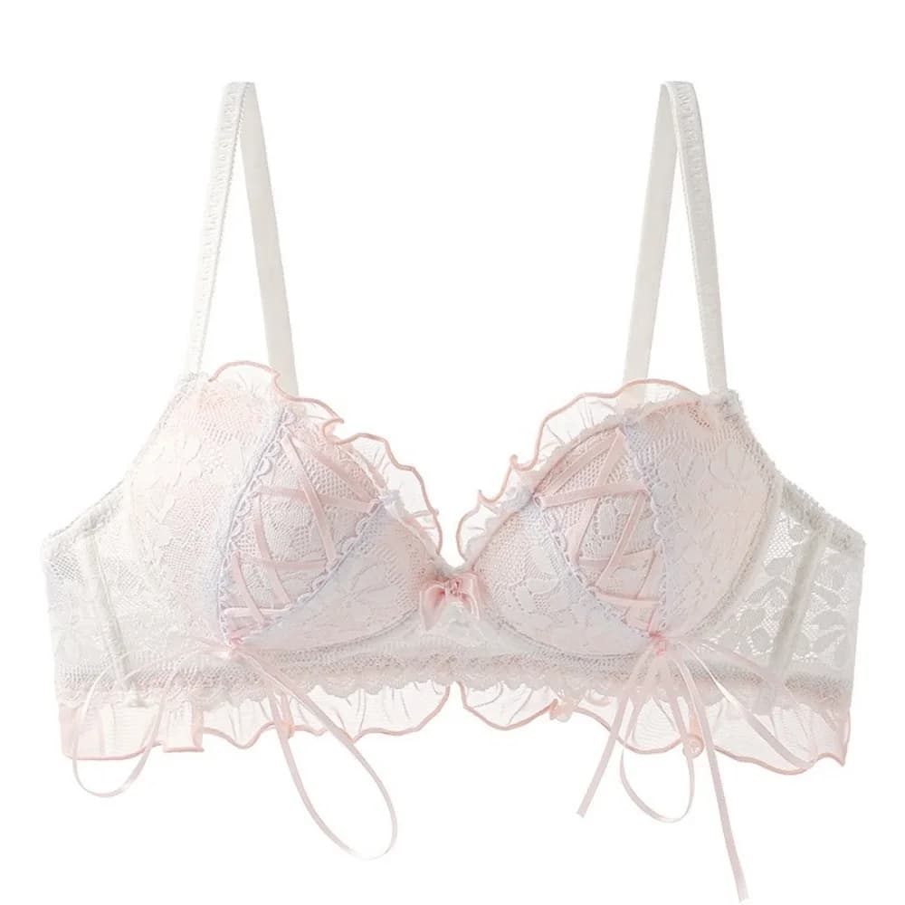 Fashion Bowknot Wireless Deep V Bra Mesh Flower Lolita Sweet Underwear for Women Shockproof Anti-sagging Lace Push Up Bra Gifts