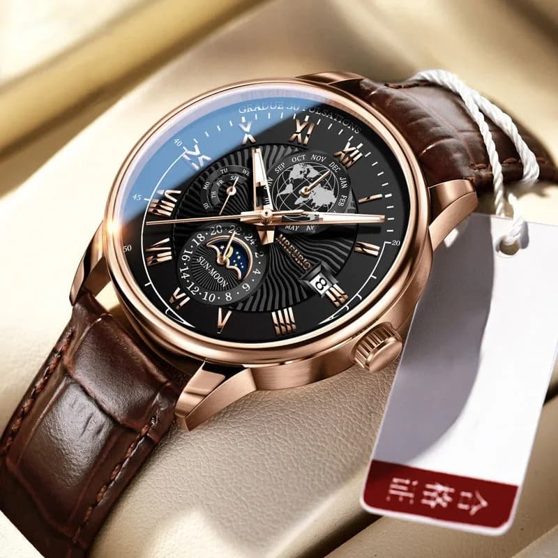 High Quality Men's Round Working Watch Luxury Leather Waist Quartz Wrist Watch Fashion Men's Sports Watch Muslimah