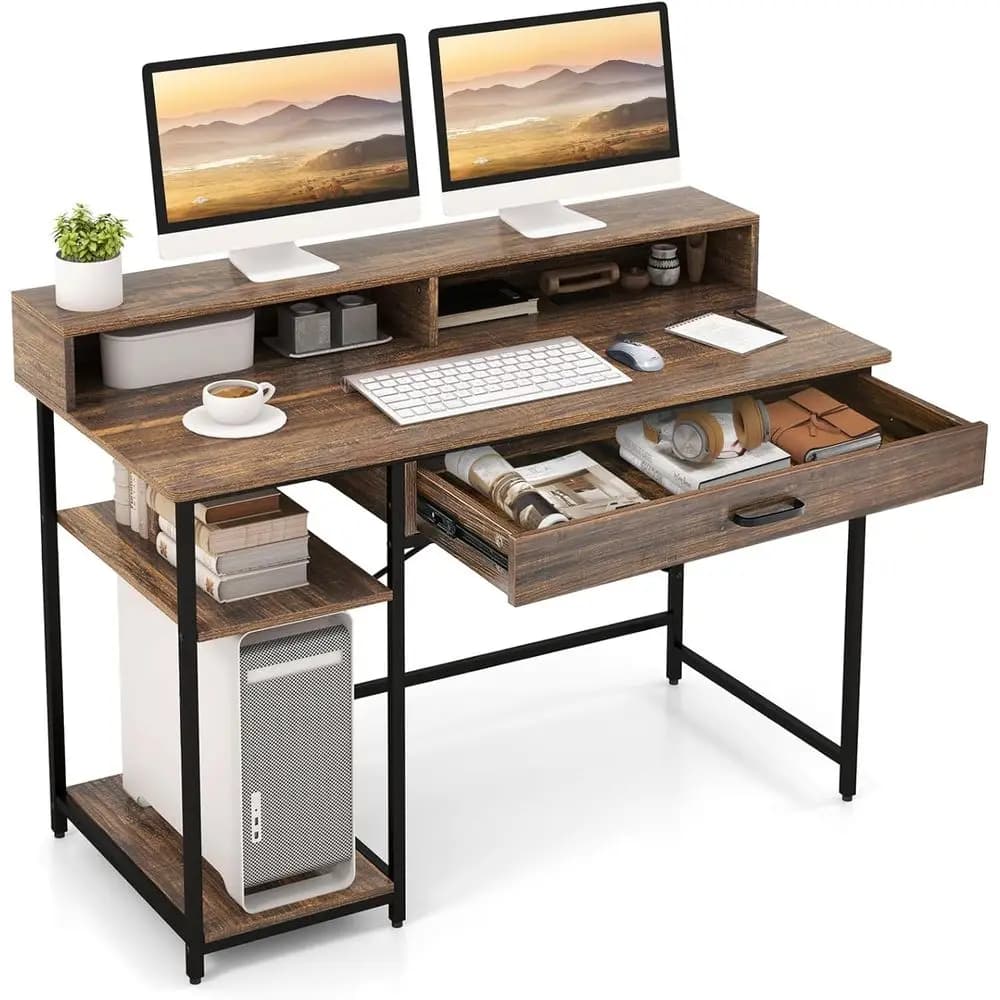 48 rustic brown office desk with storage space and monitor support, equipped with 2 open shelves