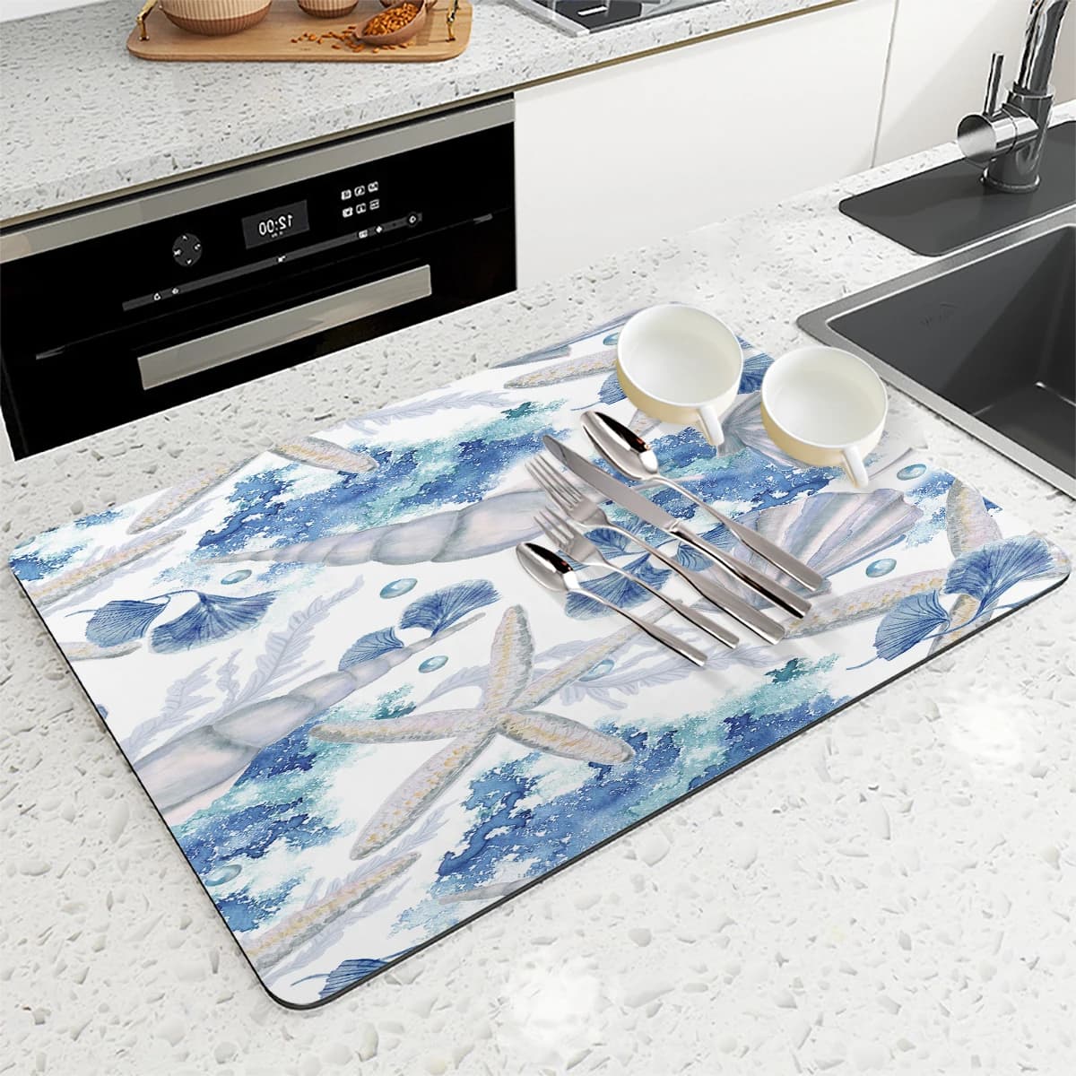 Tappetino Assorbente in Poliestere con Motivo Conchiglie e Stelle Marine - Tappetino Decorativo per Casa, Bagno, Cucina e Uso Quotidiano