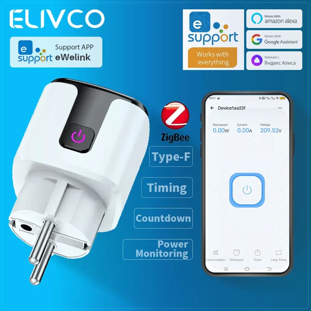 Presa Intelligente eWelink 16A Zigbee con Funzione Timer/Conto alla Rovescia/Controllo Consumi, Compatibile con Home Assistant/Google Assistant/Alexa