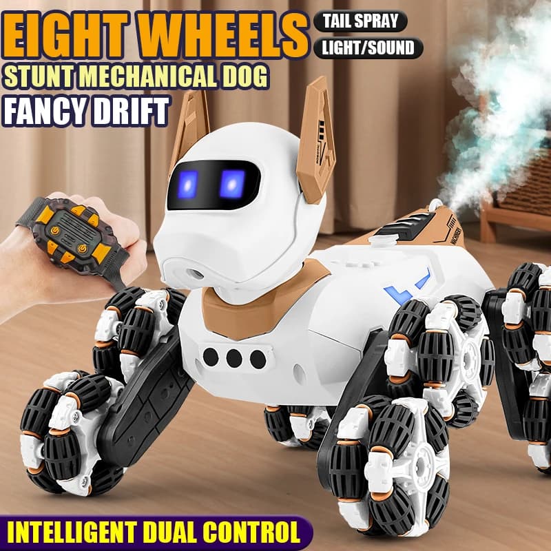 Stunt Rc Dog Eight Wheel 2.4G Radiocomando Robot meccanico con musica leggera Spray Cucciolo elettrico Regalo per bambini