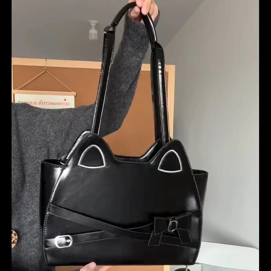 Luxury Design Fairy Kawaii Bow Belts Women's Handbag Office Lady Fashion Cat Shoulder Bag Pu Leather Preppy Elegant Backpack New