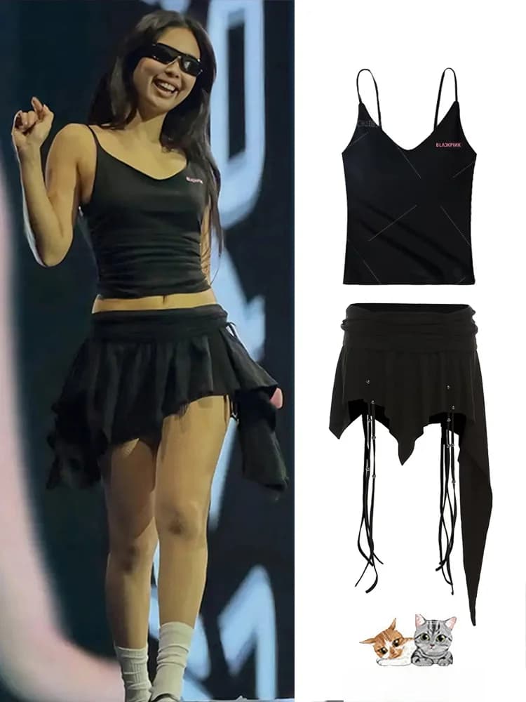 Jennie Deep V Neck Strap Vest Spicy Girl Asymmetric Skirt Set Irregular Hemline Women's Fashion Summer Outfit