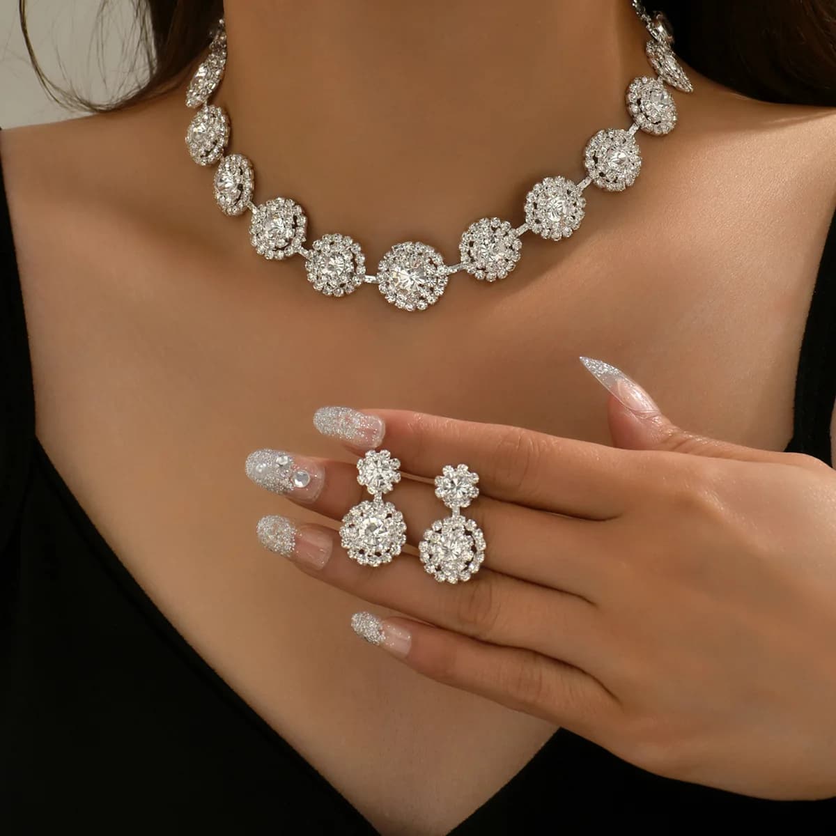 Luxury Round Rhinestone Jewelry Set for Women, Wedding Party Matching Necklace & Earrings Set