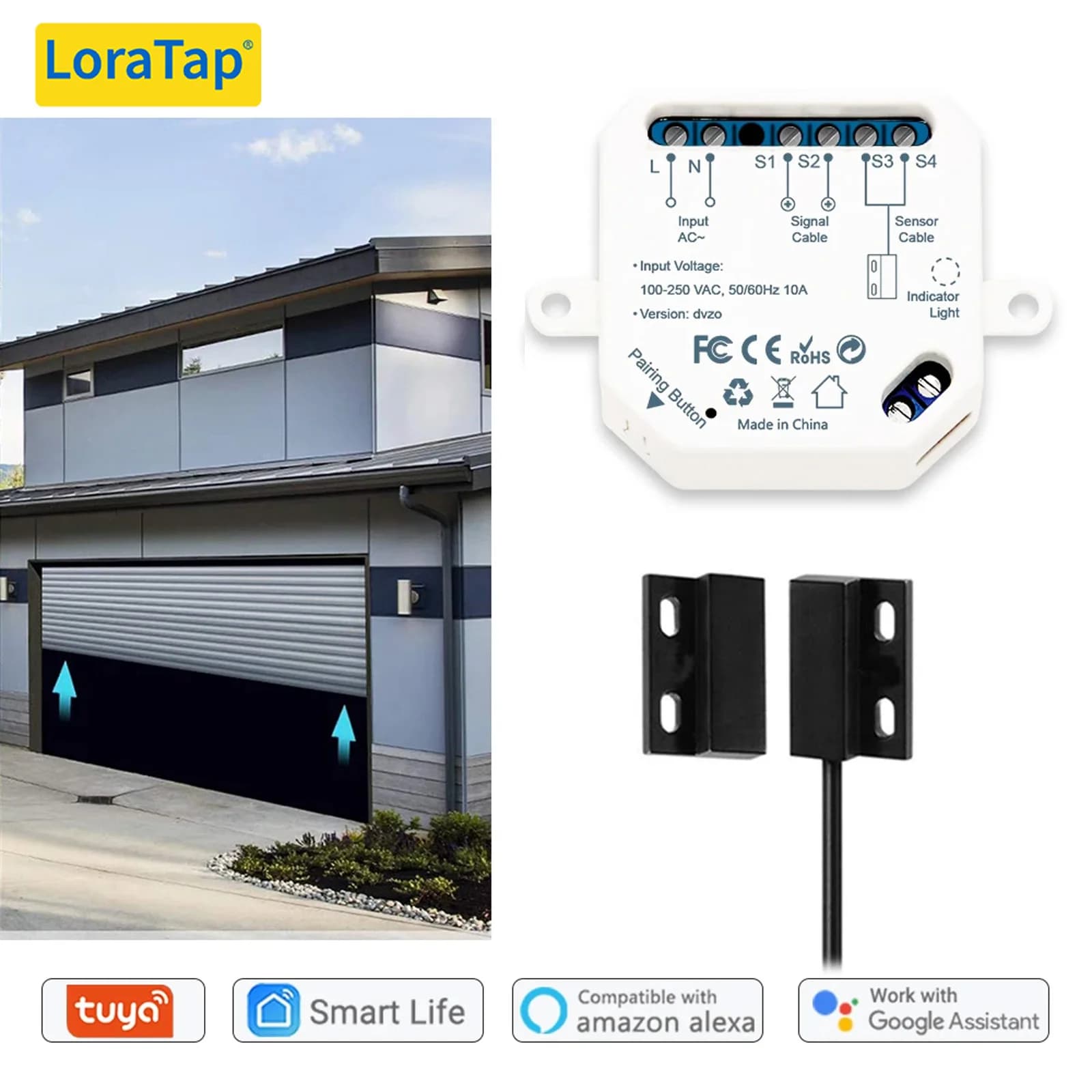 LoraTap Tuya Smart Life Sensori per porte del garage Controller per apertura Interruttore WiFi Apertura Alexa Controllo remoto domestico Contatto Portale vocale