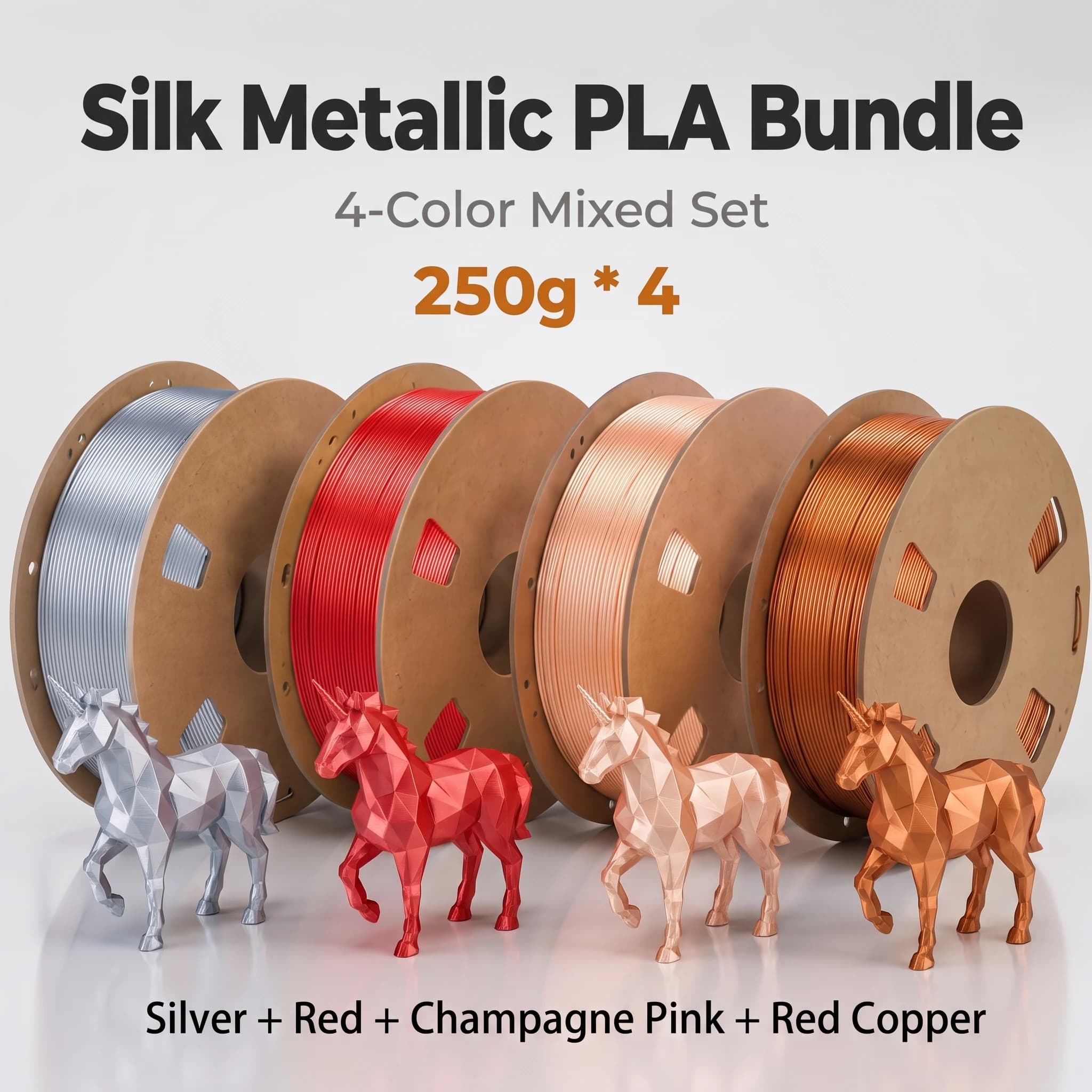Silk PLA Filament 1.75mm, 200/250/500/1000g for FDM Printers; Red/Silver/Champagne Pink/Red Copper