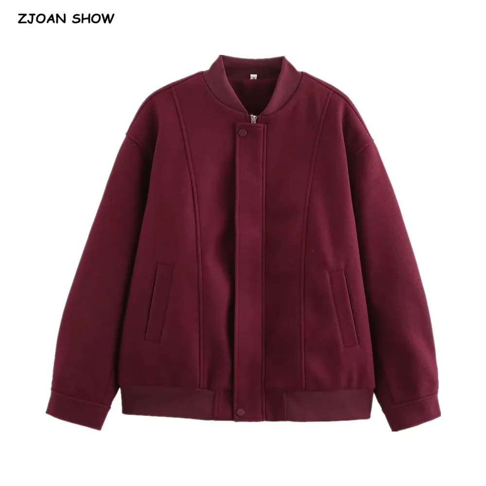 Autunno Inverno Vino rosso impiombato a costine con scollo a V Giacca da donna con cerniera frontale Manica intera Cappotto pilota oversize Capispalla bomber