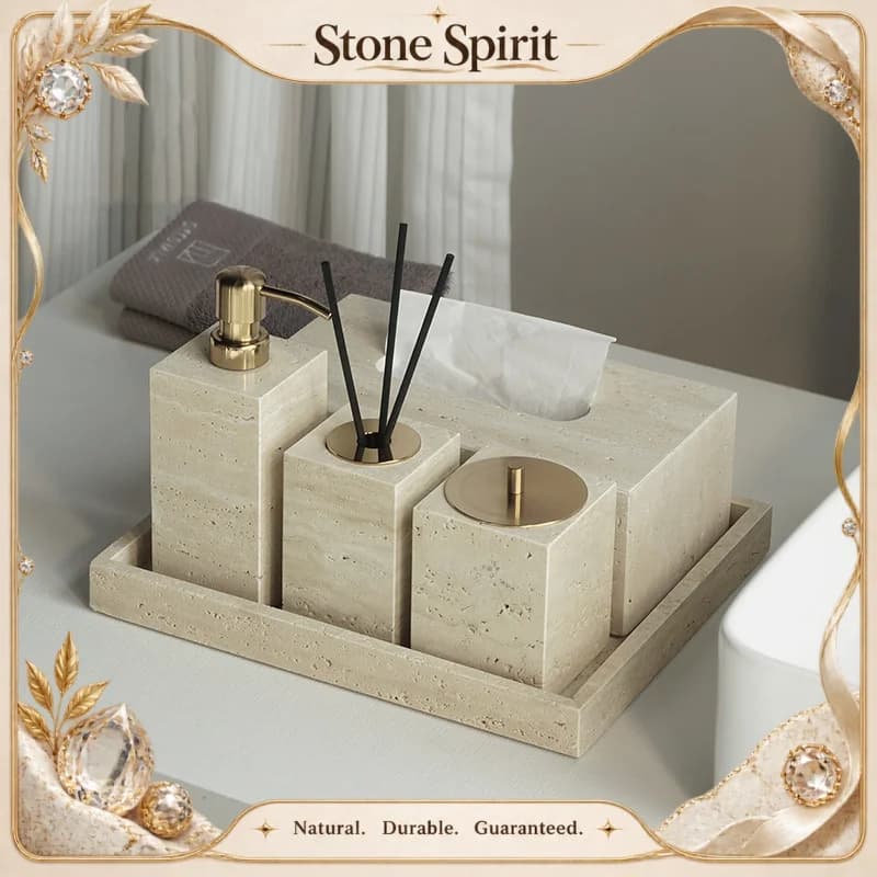 【Natural】Travertine Bathroom Set Luxury Soap Dish Soap Dispenser Tissue Box Vanity Tray Bathroom Accessories Set