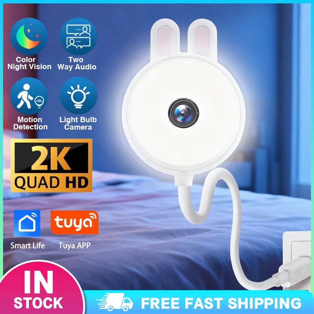 Telecamera WiFi Mini 2K Tuya per Interni, Lampadina USB Wireless, Monitor per Bambini, Telecamera IP di Sicurezza Domestica con Tracciamento Automatico