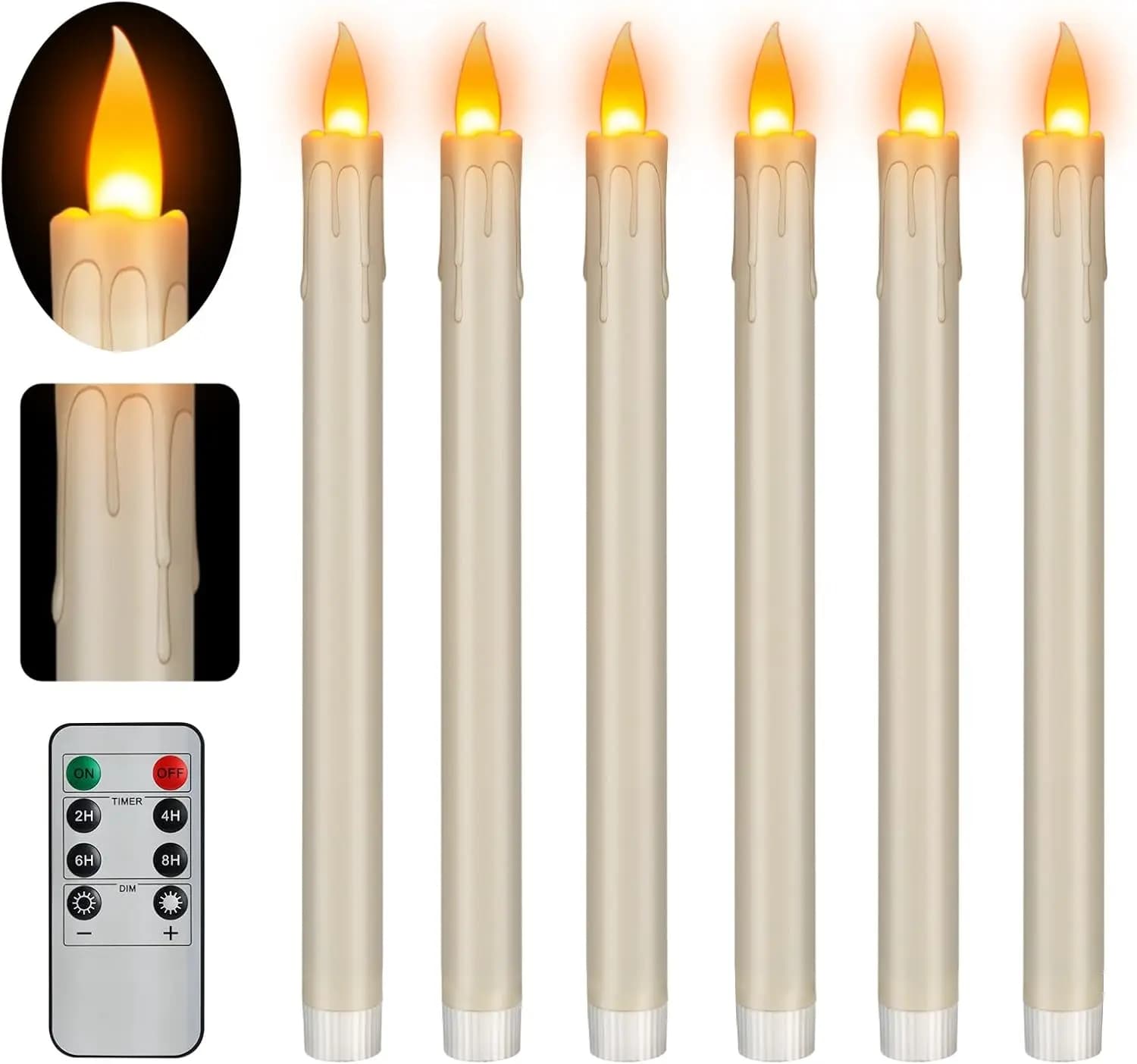 Candele a LED Realistiche Senza Fiamma, a Batteria con Telecomando e Timer, Sicure per Bambini e Animali Domestici, Avorio 25 cm, Confezione da 6