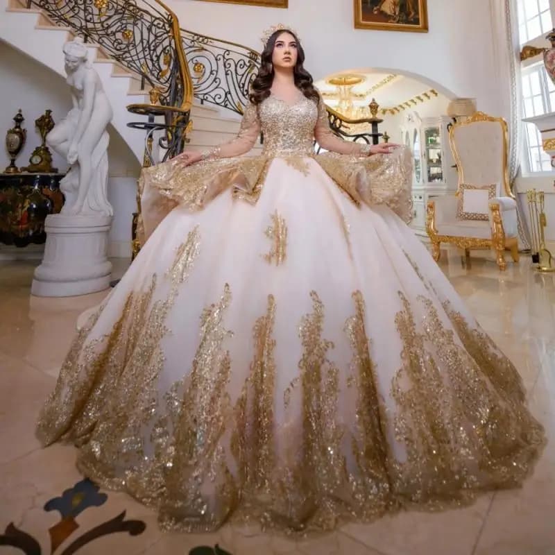 Abiti da ballo personalizzati con applicazioni alla moda lucide Abiti Quinceanera per ragazze Corte dei treni Maniche lunghe Abiti Quinceanera